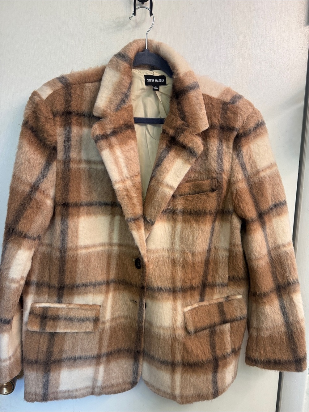 Steve Madden Brown and Cream Plaid Faux Fur Blazer